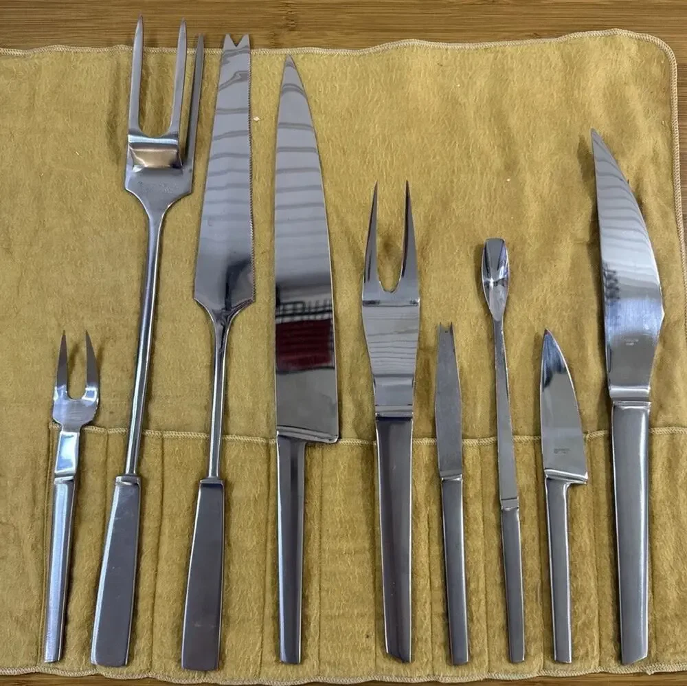 Vintage Arthur Salm Capri Italy Stainless Steel 9pc Carving Serving Set & Roll